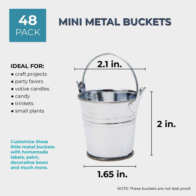 Juvale 48-Count 2-Inch Mini Silver Metal Tin Bucket Pails with Handles for Party Favors and Succulents
