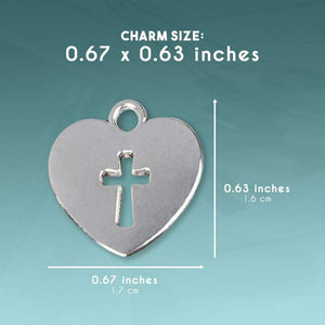 Silver Religious Charms, Heart Shaped with Cross Cut Out (0.67 x 0.63 In, 75 Pack)