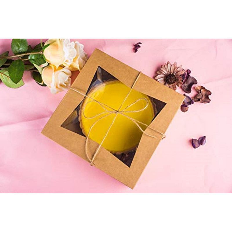 Kraft Paperboard Popup Window Box - Pack of 20 Brown Kraft Paperboard Pop-Up Window Box, Pastry & Cake Bakery Boxes with Plastic Window, 8 x 8 x 2.5 Inches