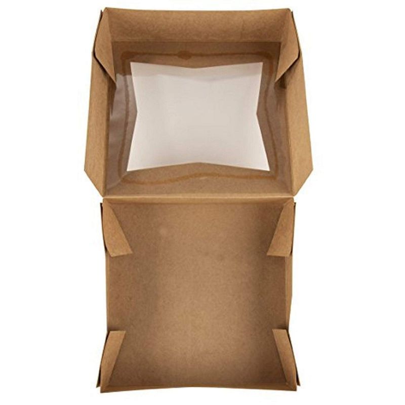 Kraft Paperboard Popup Window Box - Pack of 20 Brown Kraft Paperboard Pop-Up Window Box, Pastry & Cake Bakery Boxes with Plastic Window, 8 x 8 x 2.5 Inches