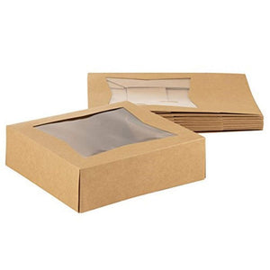 Kraft Paperboard Popup Window Box - Pack of 20 Brown Kraft Paperboard Pop-Up Window Box, Pastry & Cake Bakery Boxes with Plastic Window, 8 x 8 x 2.5 Inches