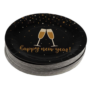 Happy New Year Paper Plates, Cheers NYE Party Supplies (Black, Gold, 9 In, 80 Pack)
