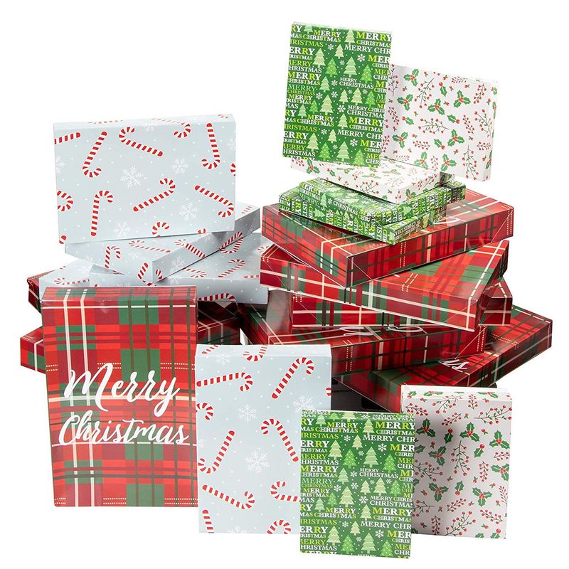 Gift Boxes with Lids for Christmas, Present Box Set (3 Sizes, 4 Designs, 48 Pack)