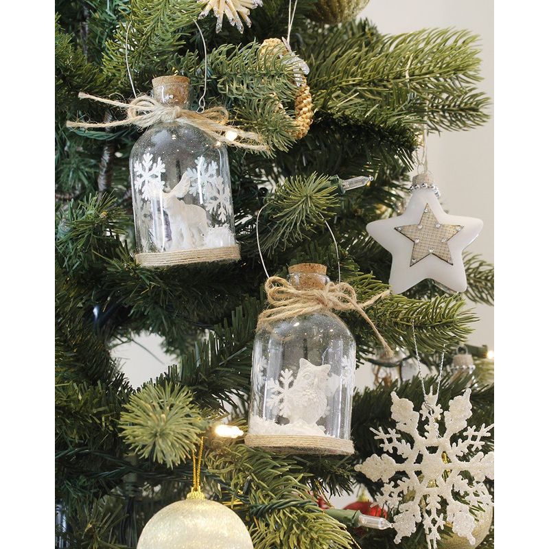 Hanging Glass Christmas Ornaments with Steel Handles, White and Silver (2.3 x 2.3 x 4 in, 3 Pack)