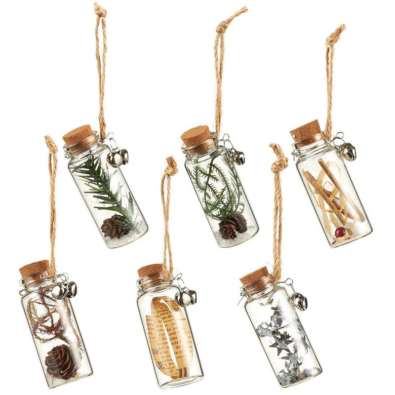 6-Pack of Christmas Tree Decorations - Hanging Glass Decorations with Cork Lids, Ornate Christmas Ornaments with Jute Strings, Festive Embellishments, 6 Assorted Designs - 1.18 x 3 x 1.18 Inches
