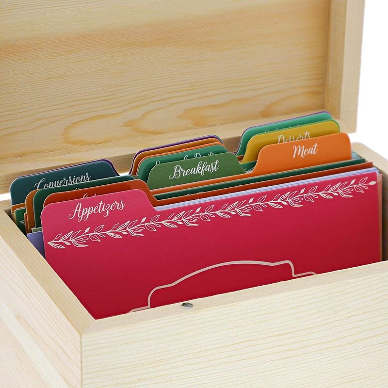 Juvale Unfinished Wood Recipe Box for DIY Crafts with Cards and Dividers