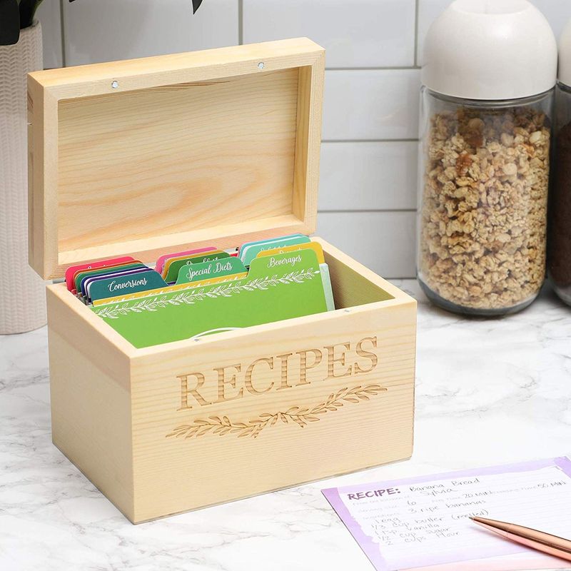 Juvale Wood Recipe Organization Box with Cards and Dividers