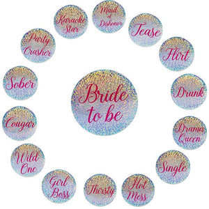 15-Pack Bridal Party Pins - Funny Bachelorette Party Supplies, Bride to Be and Bridesmaids Pinback Buttons, Holographic Glitter Bachelorette Pins, Fun Bridal Gifts and Party Favors