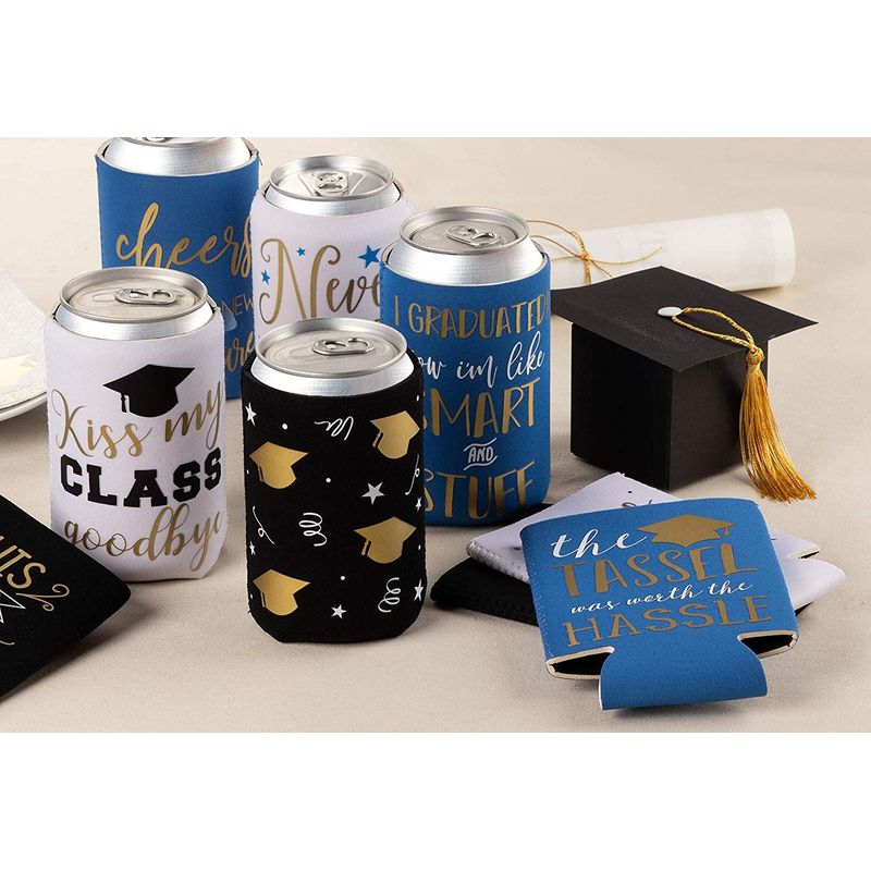 Can Cooler Sleeve, 2021 Graduation Party Supplies (Black, White, Blue, 12 Pack)