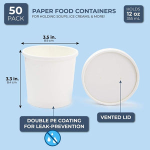 Juvale Kraft Paper Food Containers with Lids (50 Count) White, 12 Ounces