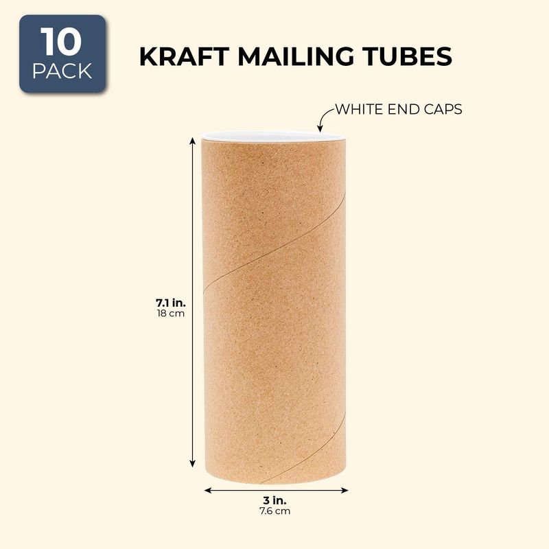 Juvale Mailing Shipping Tubes with Caps (10 Pack) 3 x 7 Inches, Brown, Kraft