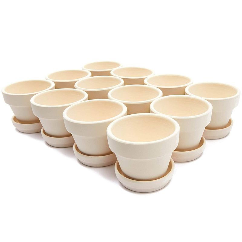 Mini Clay Terra Cotta Pots with Saucers for Succulents, Small Plants (White, 12 Pack)