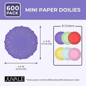 Mini Round Paper Lace Doilies, Rainbow Placemats (6 Colors, 600 Pack)