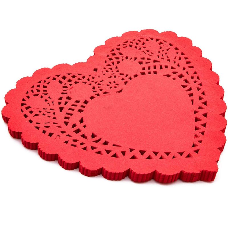 Paper Lace Doilies, Heart Shaped Table Top Decor for Valentines Party (8 x 8 in, 100 Pack)
