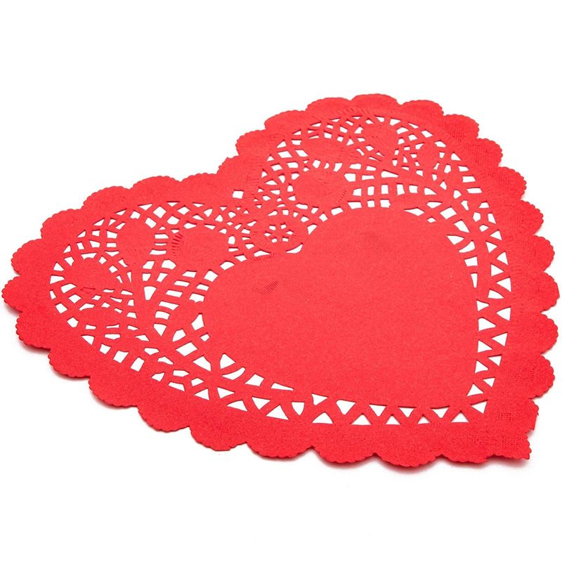 Paper Lace Doilies, Heart Shaped Table Top Decor for Valentines Party (8 x 8 in, 100 Pack)