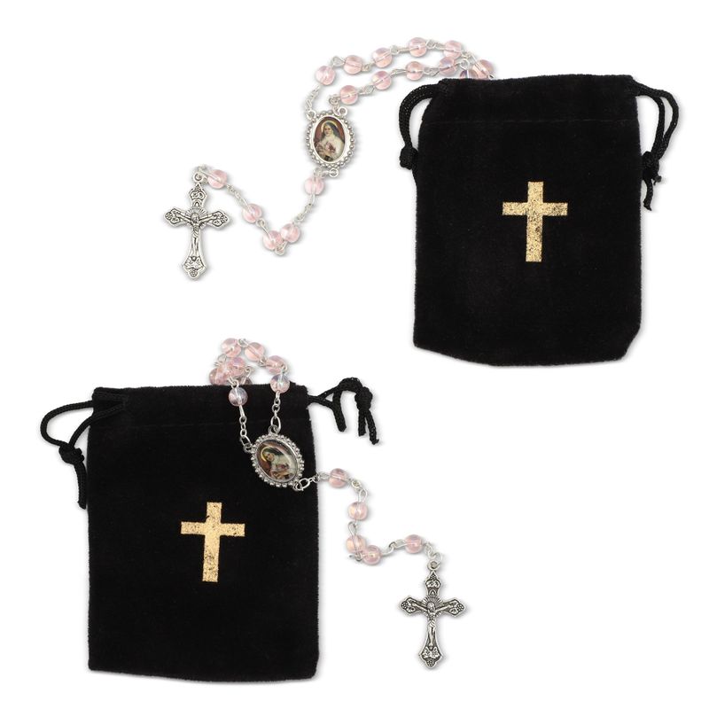 Juvale Catholic Rosary Beads Necklace with Velvet Pouch (2 Pack) Pink