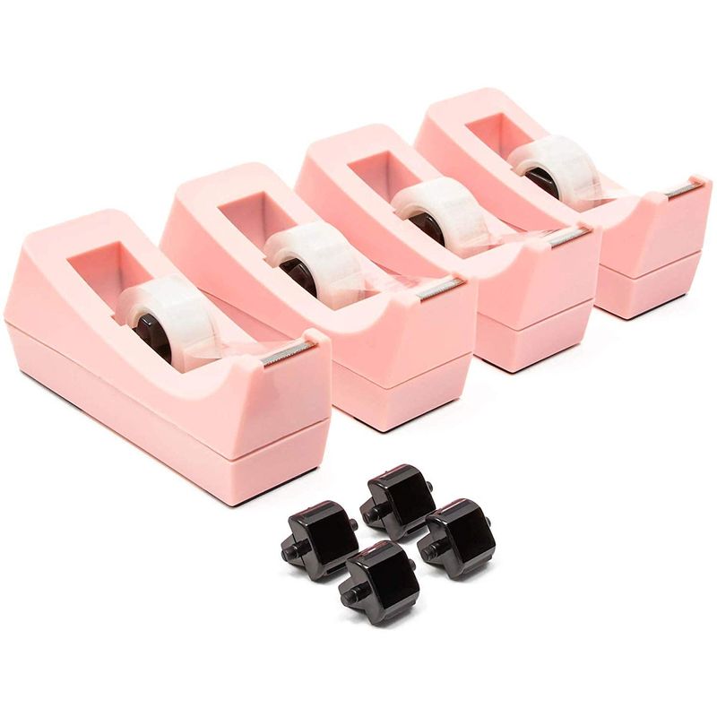 Tape Dispensers with Tape Rolls, Non-Skid Base (Pink, 4 Pack)