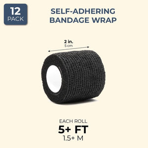 Self Adhesive Bandage Wrap, Cohesive Tape (Black, 2 in x 5 Feet, 12-Pack)