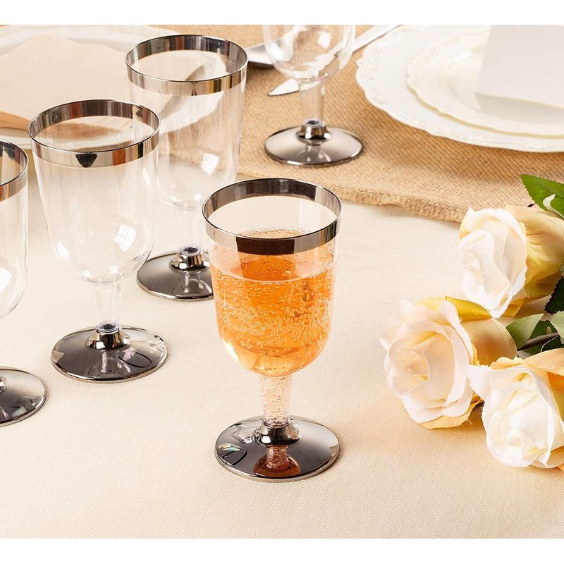 Plastic Wine Glass Set, Goblet Cups (7 oz, Gold Rim, 50 Pack)