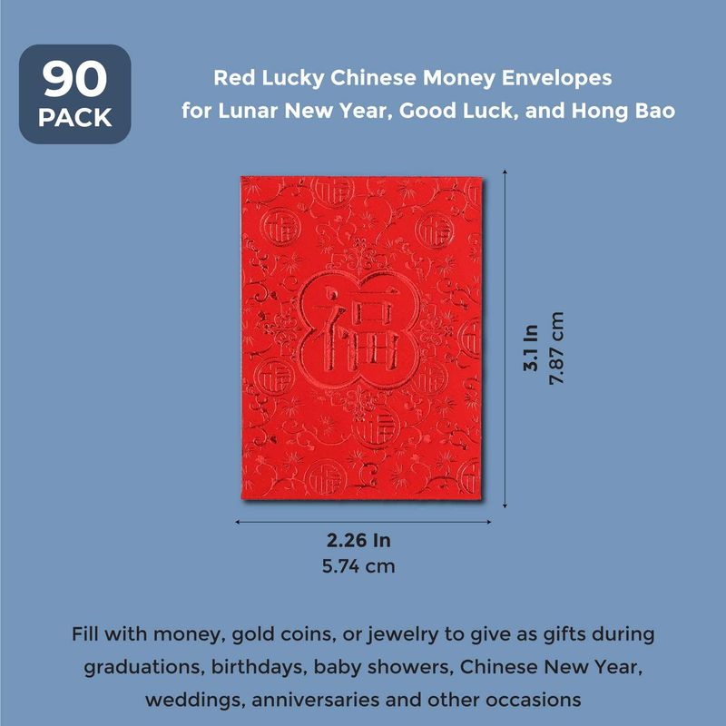Lucky Money Envelopes Red for Chinese and Lunar New Year (2.25 x 3 In, 90 Pack)