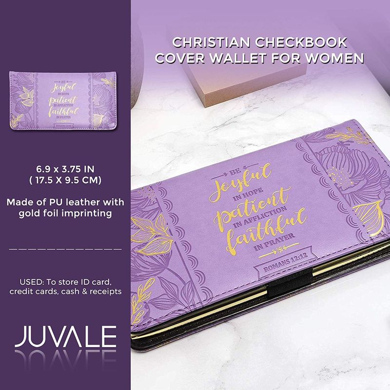 Religious Checkbook Cover Wallet for Women & Men Christian Card Holder Wallet for Checks & Credit Cards, RFID Blocking, Metallic Gold Foil (6.9 x 3.75 in, Lilac)