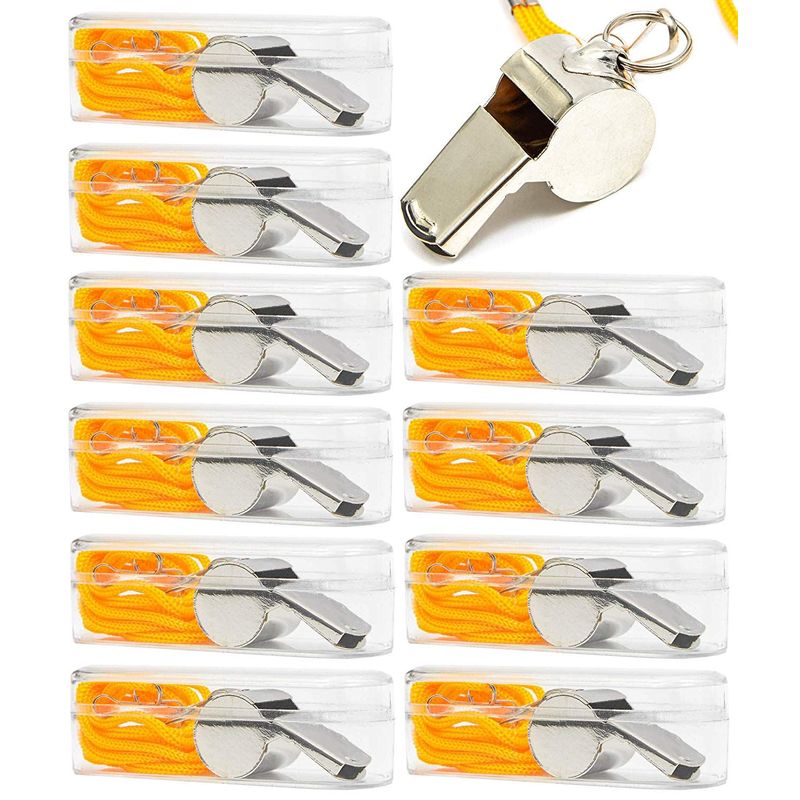 Juvale Sports Whistles with Lanyards for Coaches and Referee (1.7 x 0.7 in, Silver, 10 Pack)