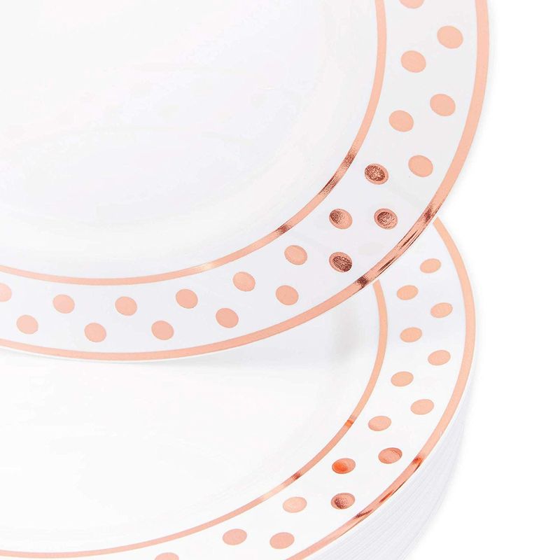 25 White Round Disposable Paper Plates with Rose Gold Polka Dots 7