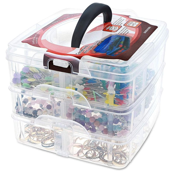 Craft Organizer Box - 3-Layer Stackable Craft Storage Organizer Case, Plastic Craft Supplies Organizer with Adjustable Compartments for Accessories, Art Supplies, Beauty Supplies, 6 x 6 x 5 Inches