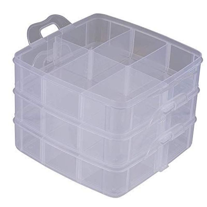 Craft Organizer Box - 3-Layer Stackable Craft Storage Organizer Case, Plastic Craft Supplies Organizer with Adjustable Compartments for Accessories, A