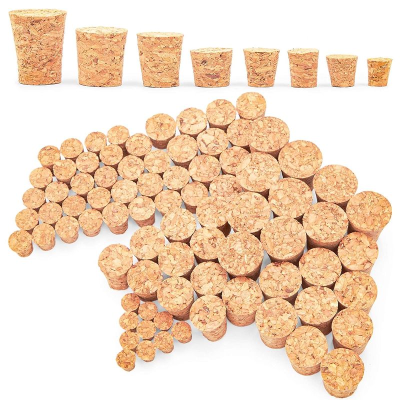 Small Tapered Cork Stoppers for Jars and Bottles, 8 Sizes (80 Pieces)