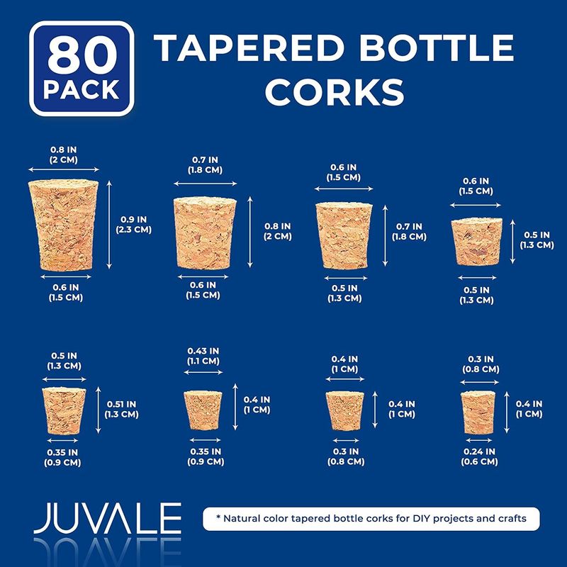 Small Tapered Cork Stoppers for Jars and Bottles, 8 Sizes (80 Pieces)