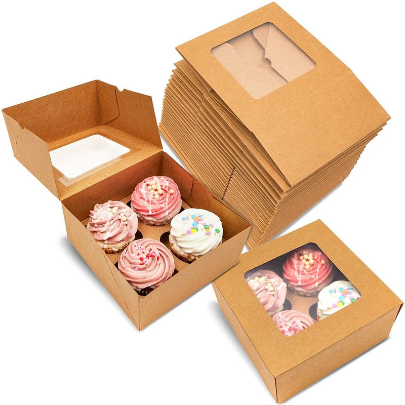Kraft Cupcake Boxes with 4 Inserts and Window for Weddings and Birthdays (24 Pack)
