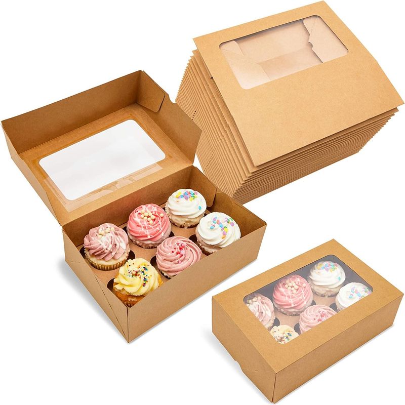 Kraft Cupcake Boxes with 6 Inserts and Window for Weddings and Birthdays (24 Pack)