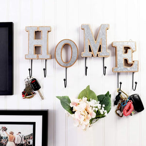 Home Wooden Letters Key Holder and Wall Decor (8 Inch Tall, 4 Pieces)