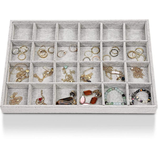24 Grid Stackable Jewelry Tray (13.5 x 9.5 Inches, Grey Velvet)