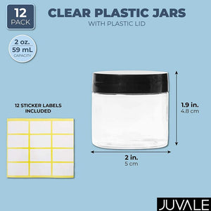 Clear Round Plastic Jars with Black Lids and Labels (2 oz, 12 Pack)