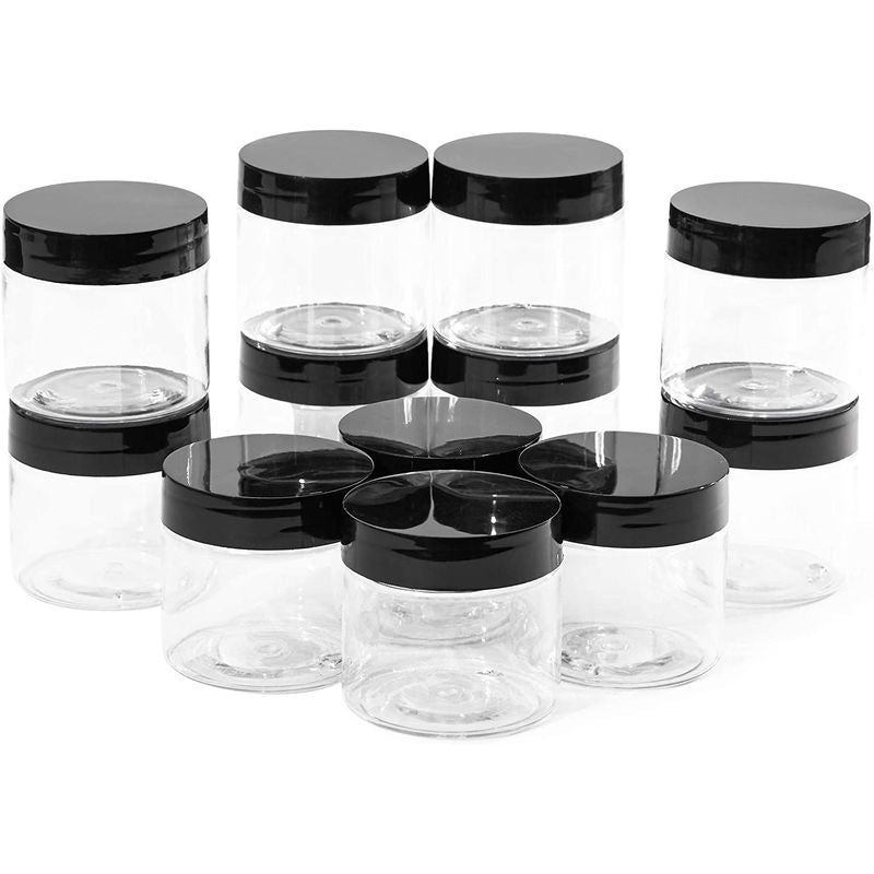 Clear Round Plastic Jars with Black Lids and Labels (2 oz, 12 Pack)