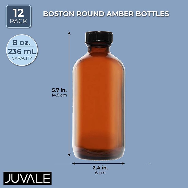 Amber Boston Round Glass Bottles with Black Poly Cap (8 oz, 12-Pack)