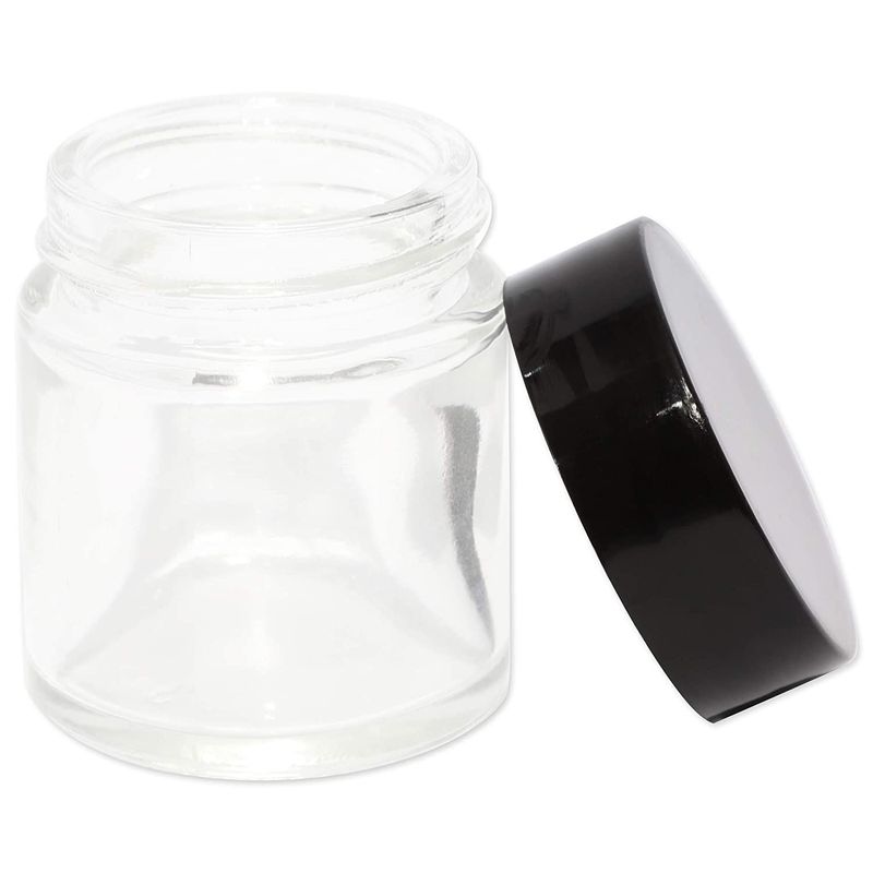 30ML Glass Jars with Lids,24 Pack Mini Glass Jars with 6 pc Spatulas, Round Set Glass Jars, A Tight Seal for Storing Lotions, Powders and Ointments. - Clear+Black Cap