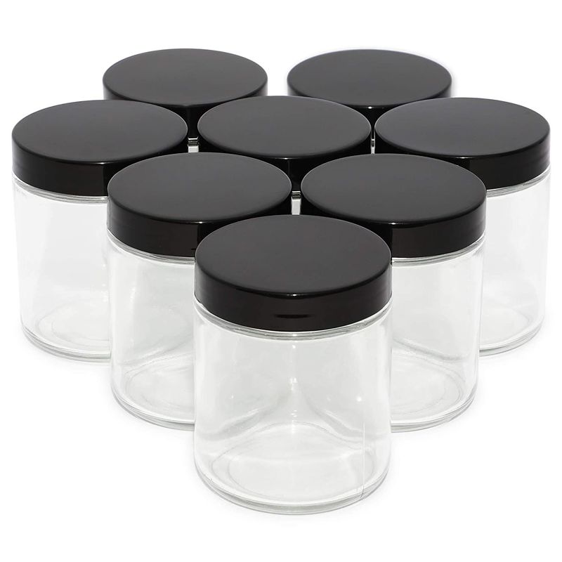 Clear, 8 ounce, Round Glass Jars, with Black Lids - 8 pack