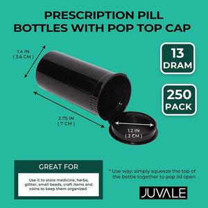 Prescription Pill Bottles with Pop Top Cap (13 Dram, Black, 250 Pack)