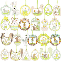 Wood Ornaments for Easter Decorations, Eggs, Chicken, Rabbit (24 Pack)