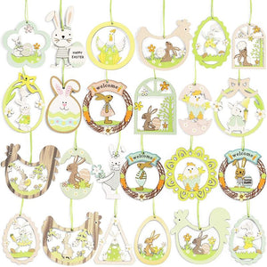 Wood Ornaments for Easter Decorations, Eggs, Chicken, Rabbit (24 Pack)