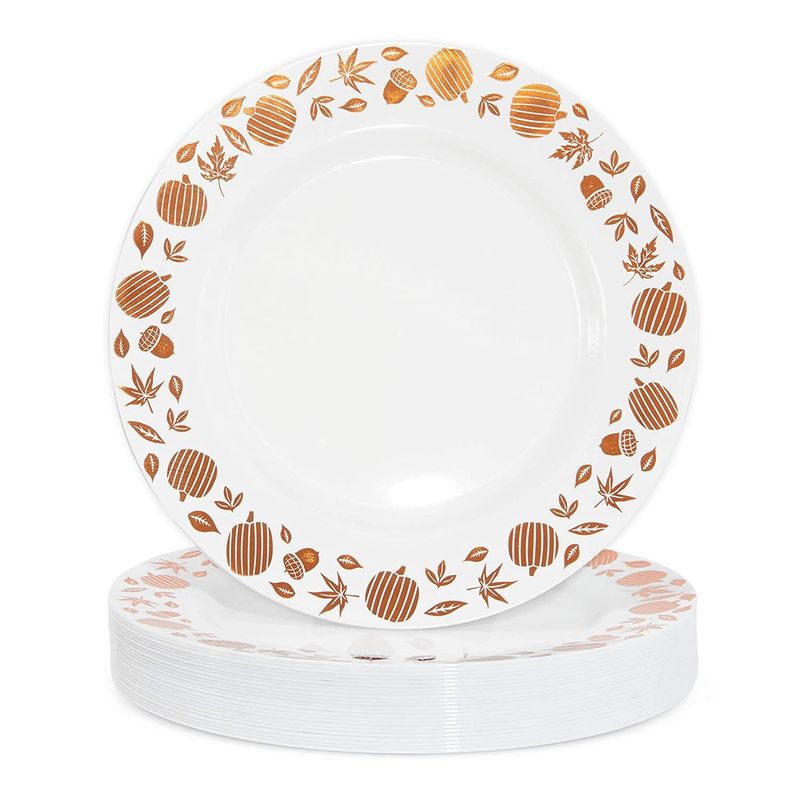 Plastic Thanksgiving Plates, Copper Foil Leaf Trim, Fall Tableware (9 In, 24 Pack)