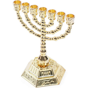 12 Tribes of Israel 7 Branch Jerusalem Temple Menorah, Hexagonal Base (Gold)