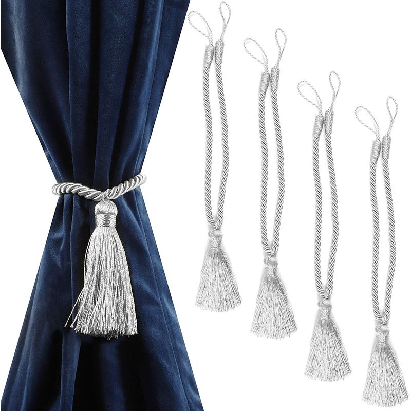 Silver Rope Curtain Tiebacks, Holdbacks for Drapes (15 In, 4 Pack)