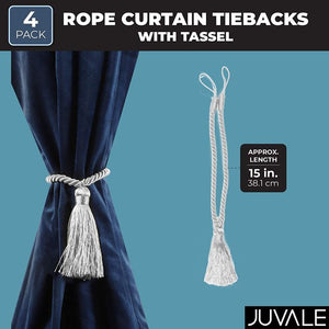 Silver Rope Curtain Tiebacks, Holdbacks for Drapes (15 In, 4 Pack)