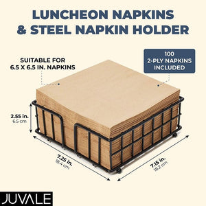 Black Steel Napkin Holder, Includes Brown Paper Napkins (7.25 x 7.15 x 2.55 in, 2-Pack of Napkins, 50 Per Pack)