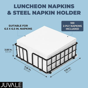Black Steel Napkin Holder, Includes White Paper Napkins (7.25 x 7.15 x 2.55 in, 2-Pack of Napkins, 50 Per Pack)