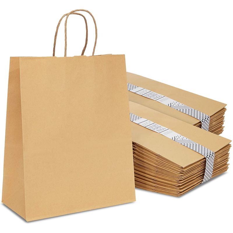 Medium Paper Party Gift Bags with Handles (8 x 10 In, Brown, 100-Pack)